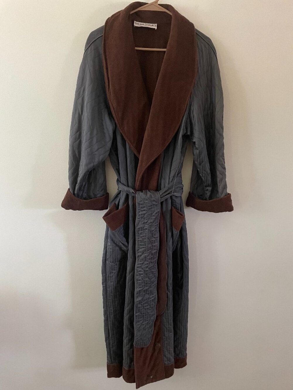 Vintage Fernando Sanchez Robe Satin Nav Brown Terry Cloth